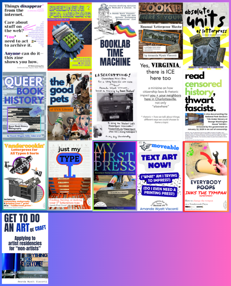 Grid of colorful zine covers showing homemade zines created by Amanda Wyatt Visconti